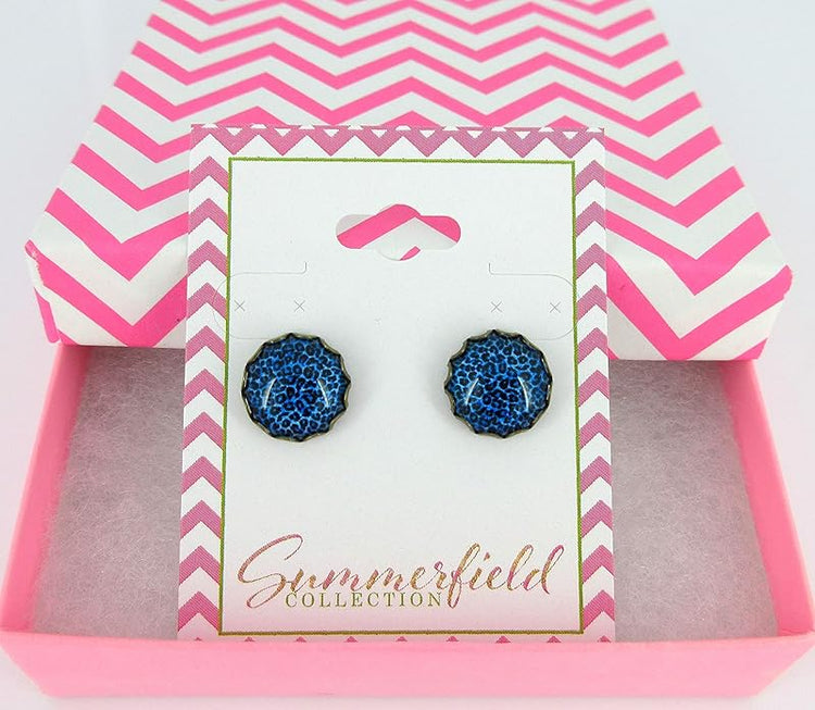 Summerfield Collection Antiqued Gold-tone Animal Print Glass Stud Earrings 12mm (Dark Blue)