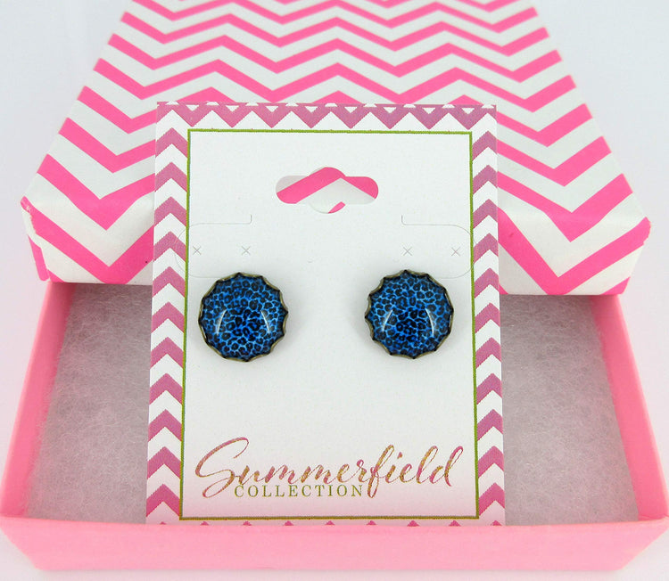 Antiqued Gold-tone Animal Print Glass Stud Earrings 12mm (Dark Blue)