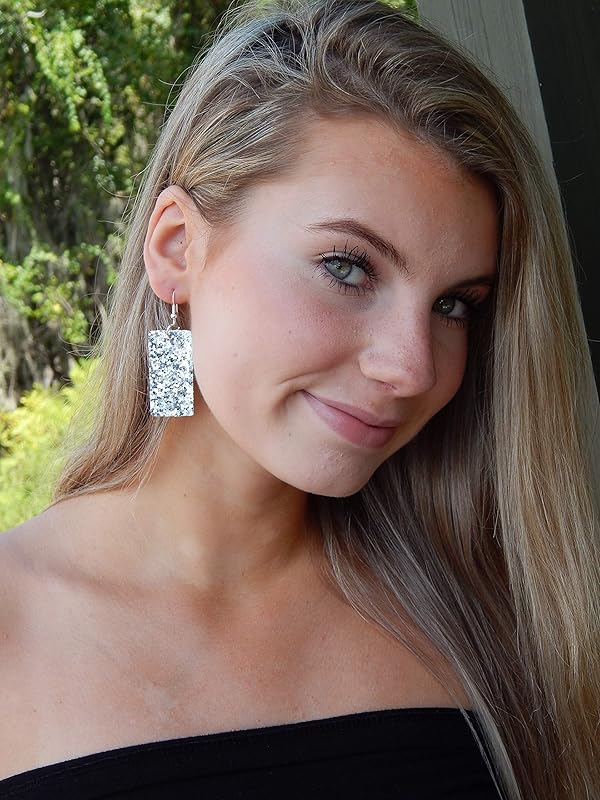 Summerfield Collection Silver-tone Glitter Faux Leather Large Rectangle Dangle Earrings (Silver)