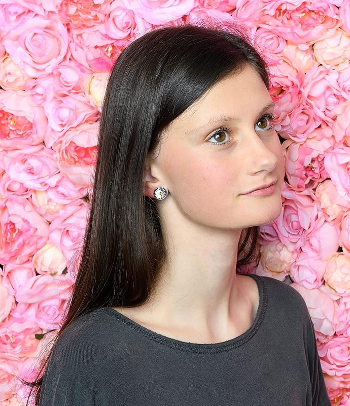 Summerfield Collection Stainless Steel I Can Do All Things Through Christ Print Glass Stud Earrings 12mm Daisy