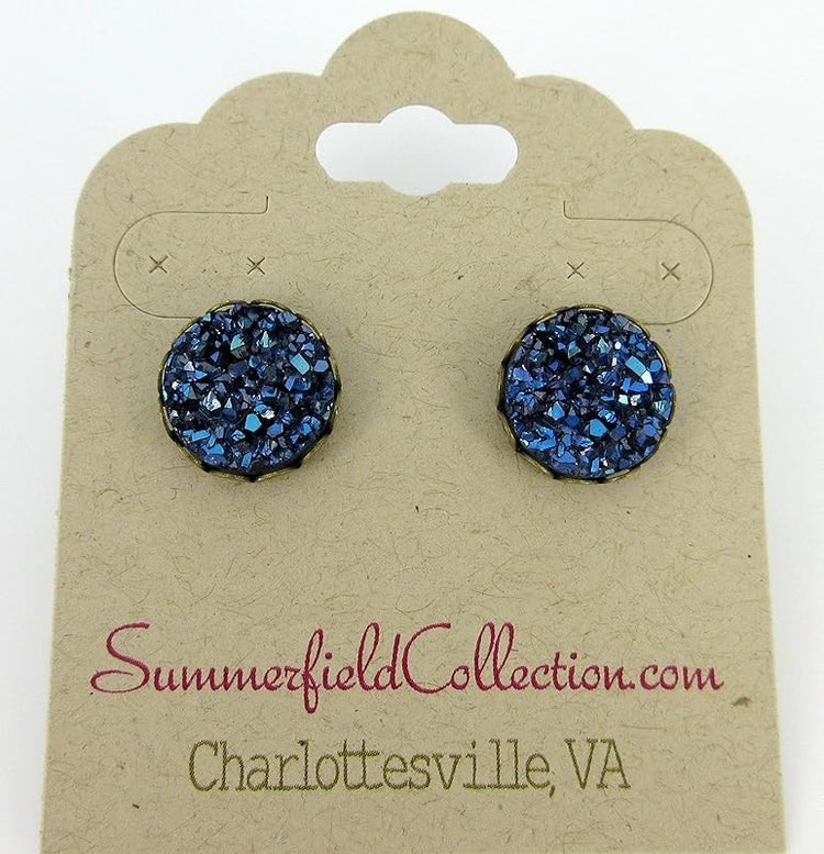 Summerfield Collection Antiqued Gold-tone Faux Druzy Stone Stud Earrings 12mm (Dark Metallic Blue)