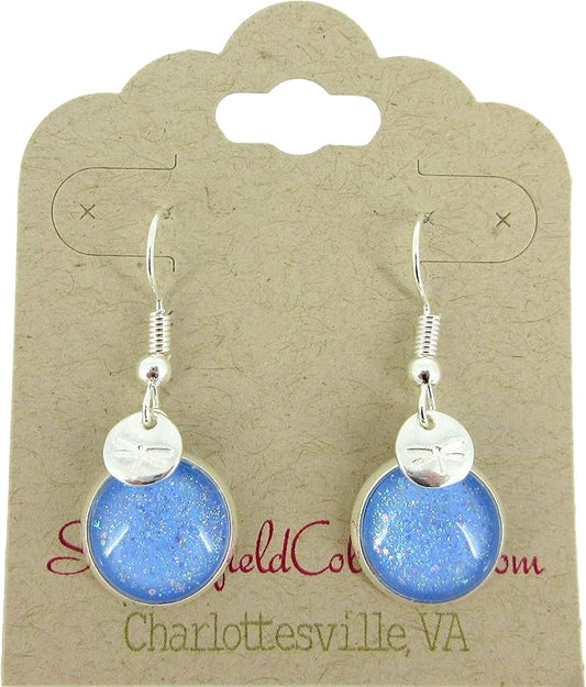 Summerfield Collection Silver-tone Blue Iridescent Glitter Glass Dragonfly Charm Dangle Earrings Hand-painted