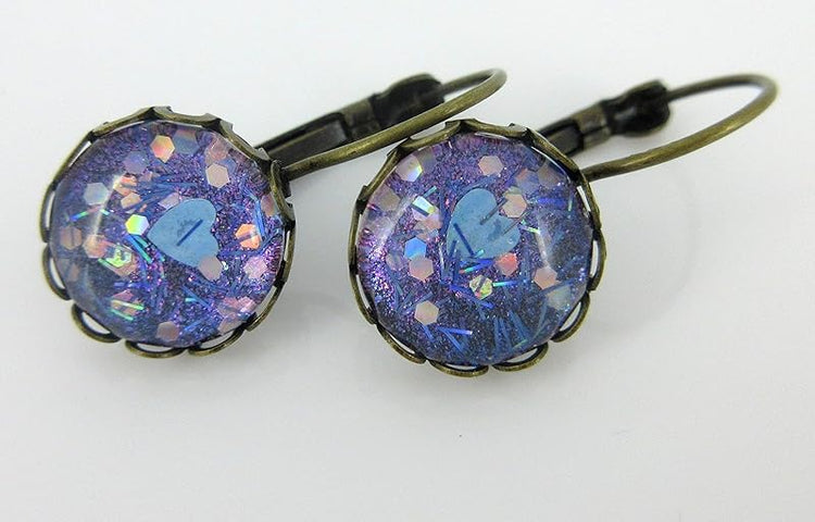 Summerfield Collection Antiqued Gold-tone Blue Purple Heart Bar Glitter Glass Drop Earrings Hand-painted