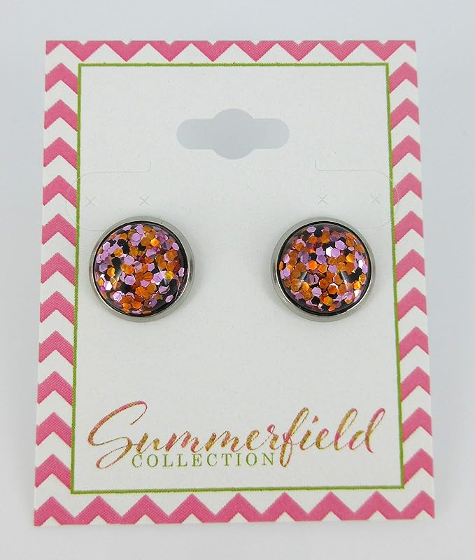 Summerfield Collection Stainless Steel Halloween Glitter Resin Stud Earrings 12mm Purple Orange Black