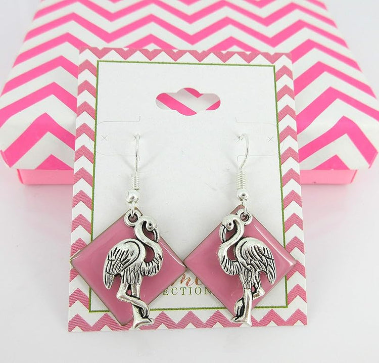 Summerfield Collection Antiqued Silver-tone Pink Enamel Flamingo Charm Dangle Earrings