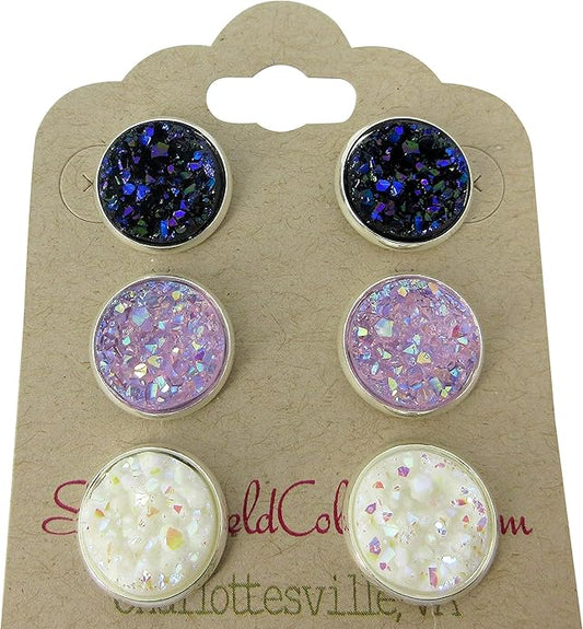 Trio Silver-tone Stud Earrings Faux Druzy Stone Midnight Blue Lavender AB White Set 12mm