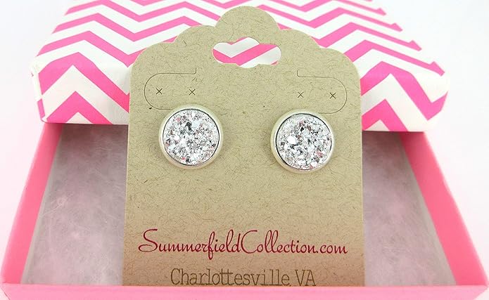 Silver-tone Metallic Faux Druzy Stone Stud Earrings 12mm (Silver)