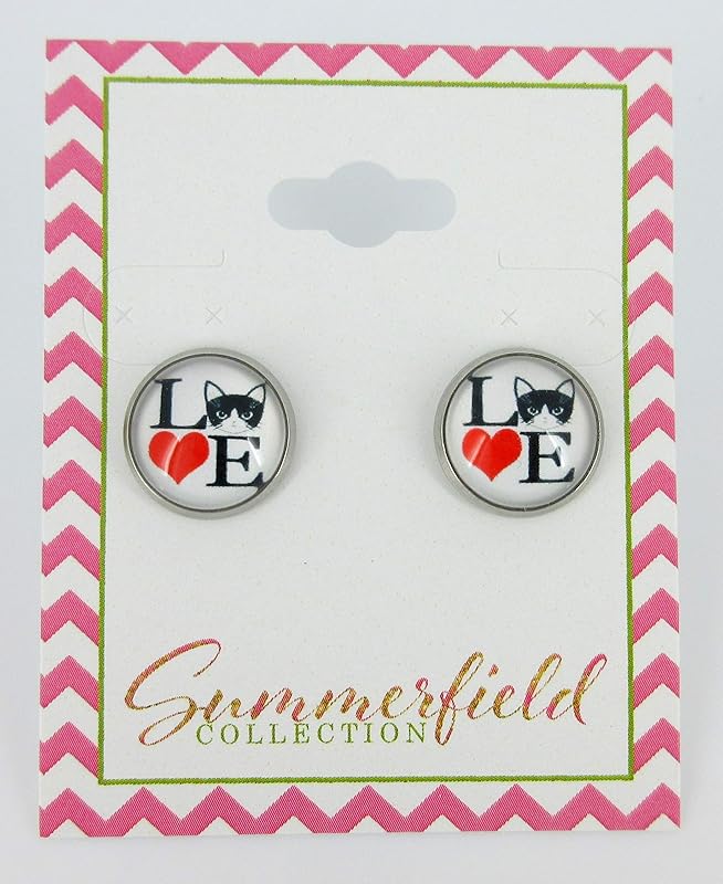 Summerfield Collection Stainless Steel Cat Lover Printed Glass Stud Earrings 12mm (LOVE Cats)