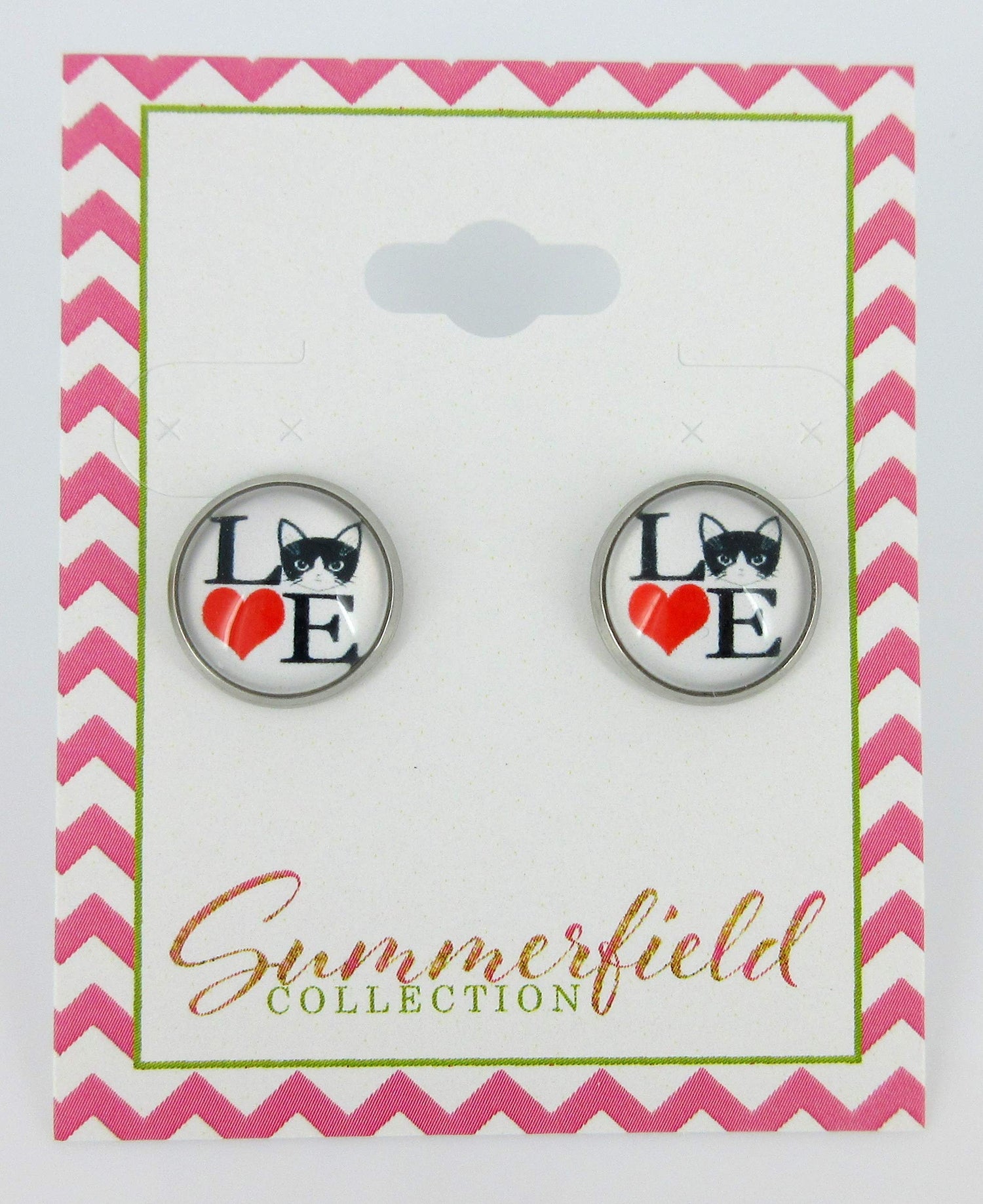 Stainless Steel Love Cats Print Glass Stud Earrings 12mm White Black Red