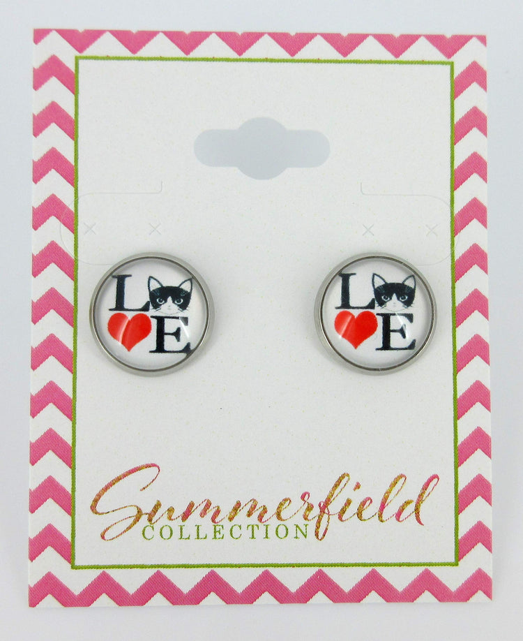 Stainless Steel Love Cats Print Glass Stud Earrings 12mm White Black Red