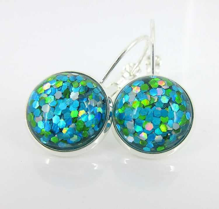 Summerfield Collection Silver-tone Metallic Glitter Resin Lever-back Drop Earrings 12mm (Blue/Green)