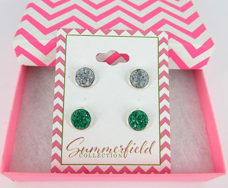 Summerfield Collection Duo Silver-tone Faux Druzy Stone Stud Earrings 8mm Set (Gray/Green)