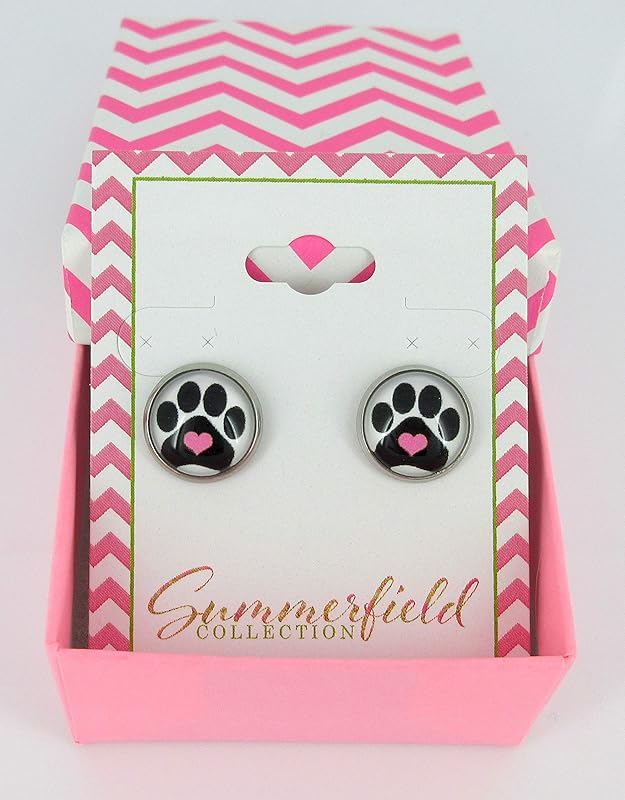 Summerfield Collection Stainless Steel Black and White Paw Print Pink Heart Glass Stud Earrings 12mm