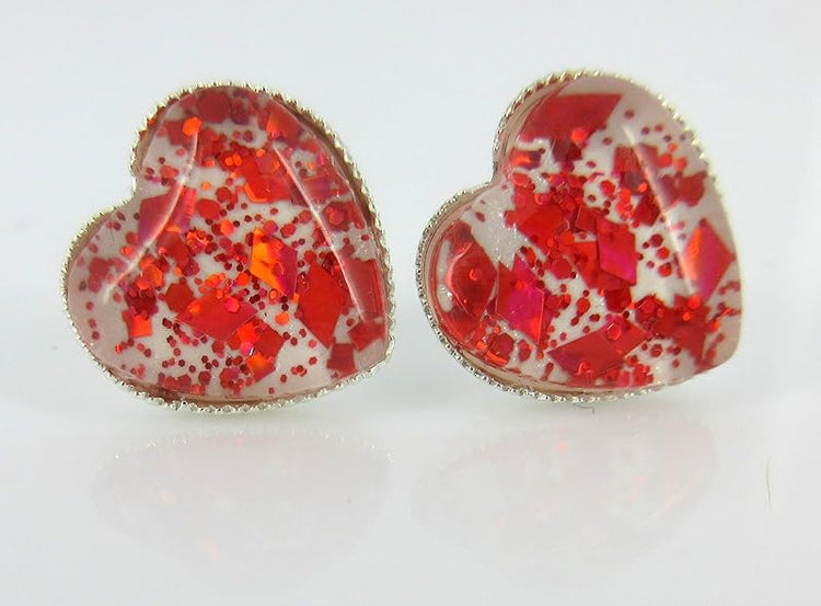 Summerfield Collection Silver-tone White and Fiery Red Glitter Glass Heart Stud Earrings Hand-painted