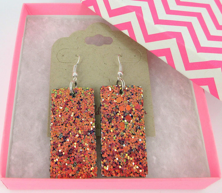 Sunset Glitter Faux Leather Large Rectangle Dangle Earrings