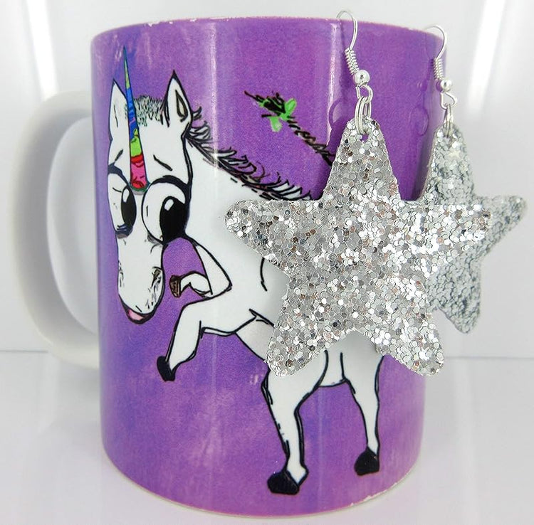 Summerfield Collection Glitter Faux Leather Large Star Dangle Earrings (Silver)