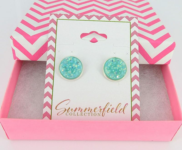 Summerfield Collection Silver-tone Pastel AB Faux Druzy Stone Stud Earrings 12mm (Aqua Blue)