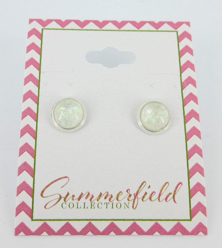 Shiny Silver-tone White and Opalescent Leaf Resin Stud Earrings 8mm