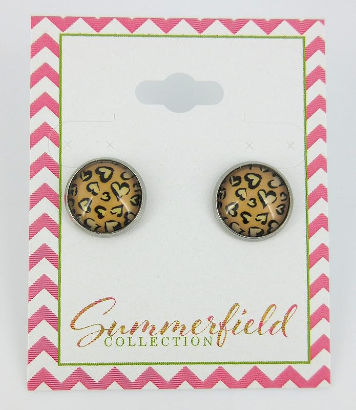 Summerfield Collection Stainless Steel Heart Cheetah Animal Print Glass Stud Earrings 12mm Black Brown