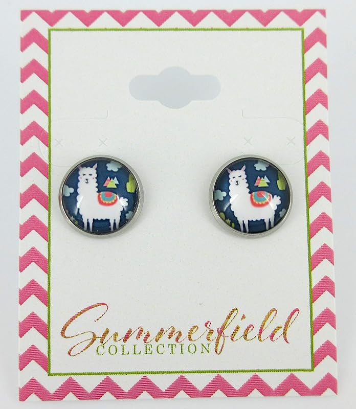 Summerfield Collection Stainless Steel Llama Print Glass Stud Earrings 12mm (Navy Blue)
