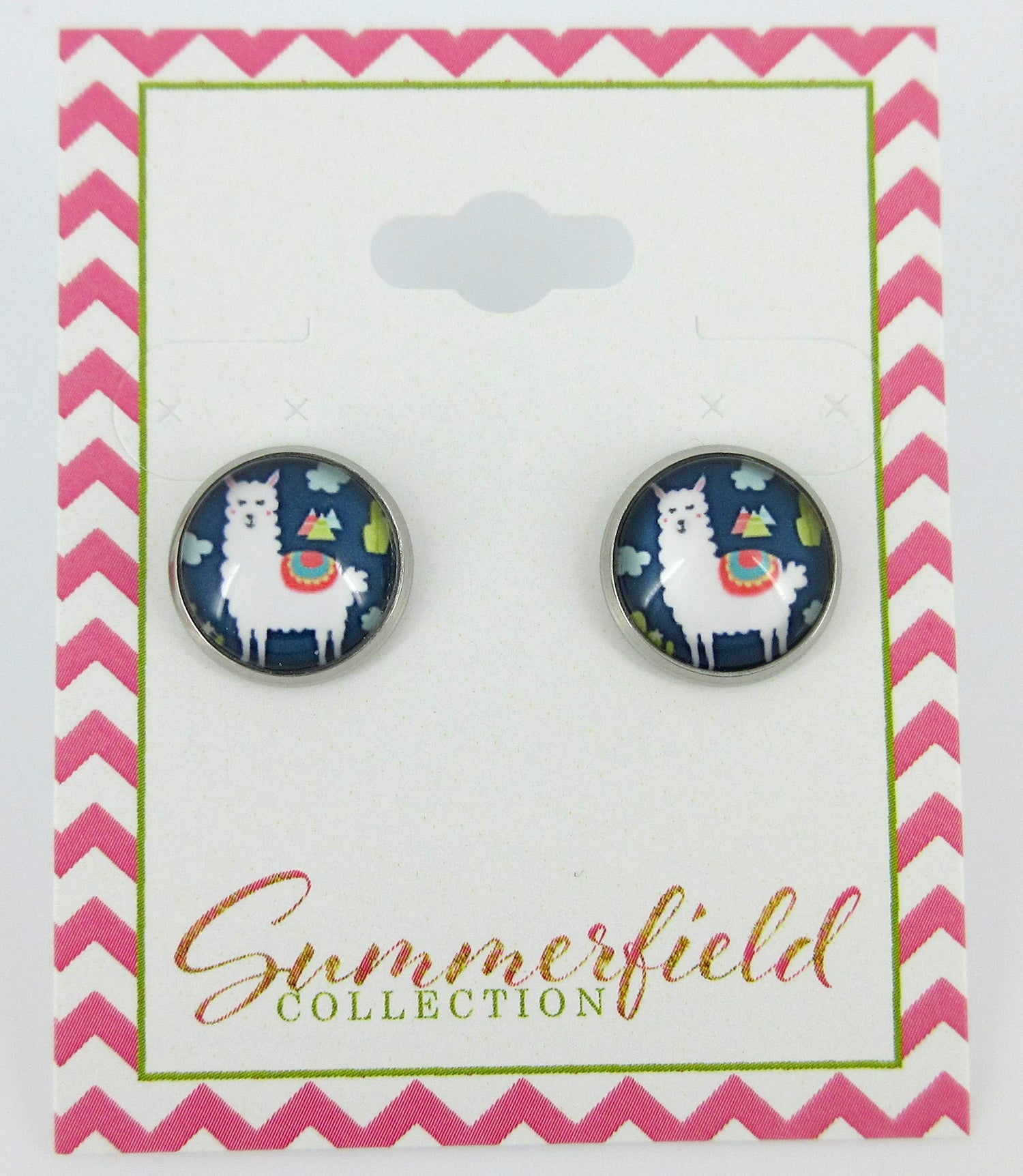 Stainless Steel Llama Print Glass Stud Earrings 12mm