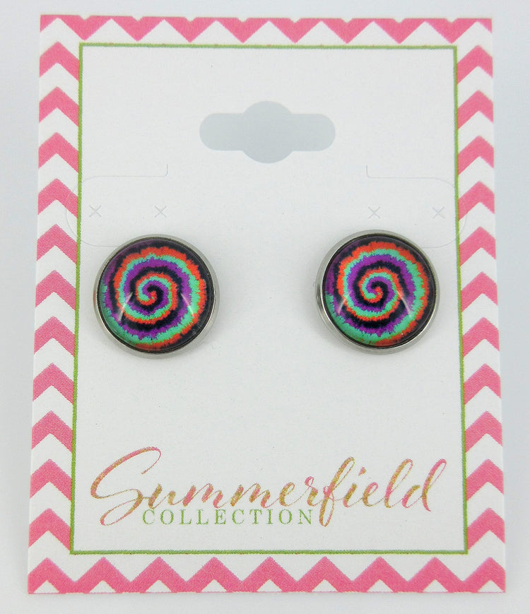 Stainless Steel Tie Dye Print Glass Stud Earrings 12mm (Halloween Swirl)