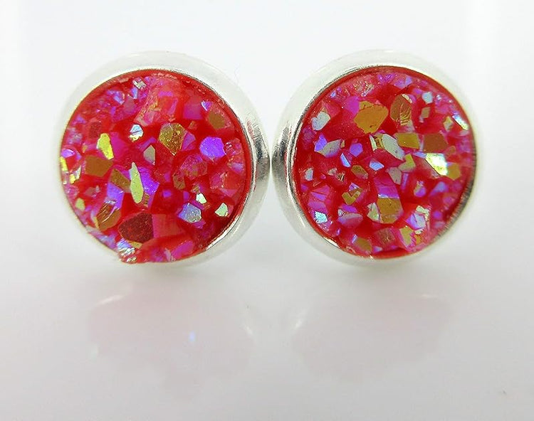 Summerfield Collection Trio Silver-tone Stud Earrings 8mm Faux Druzy Stone Set (Sunset Red/Orange/Yellow)