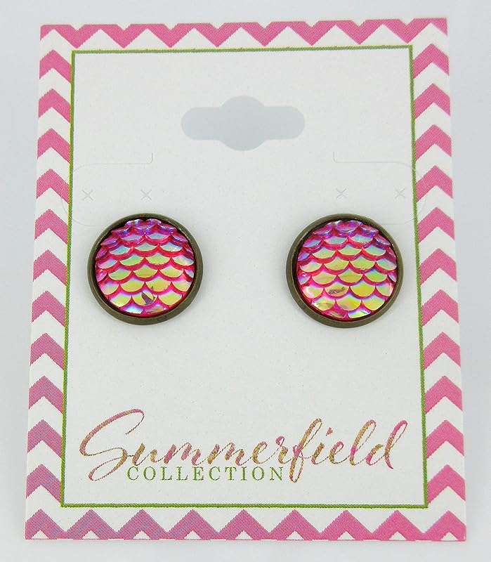 Summerfield Collection Antiqued Gold-tone Metallic Mermaid Scale Stud Earrings 12mm (Hot Pink AB)