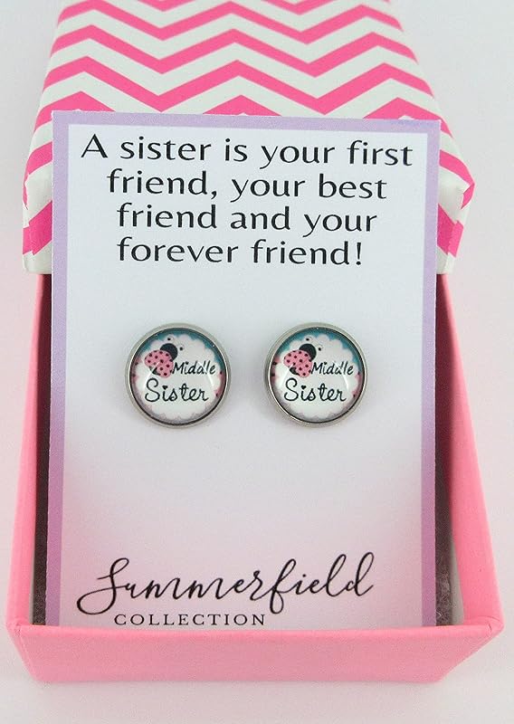 Summerfield Collection Stainless Steel Sister Print Glass Stud Earrings 12mm (Middle Sister)