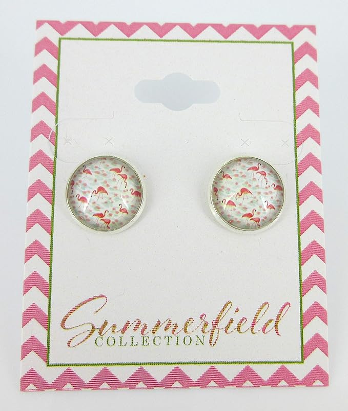 Summerfield Collection Silver-tone White Pink and Blue Flamingo Print Glass Stud Earrings 12mm