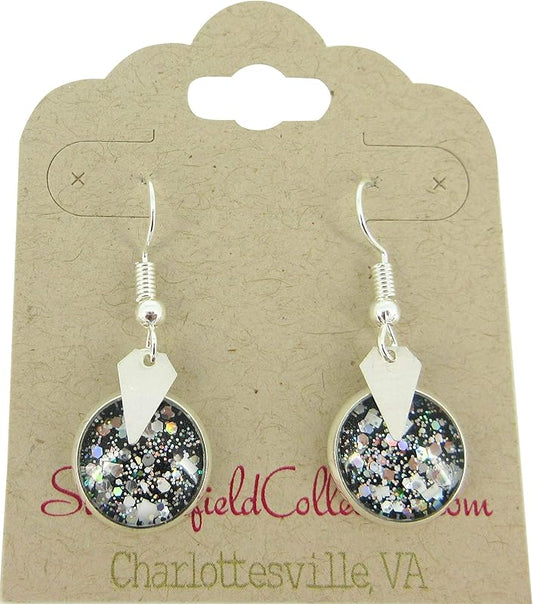 Summerfield Collection Silver-tone Black and White Glitter Glass Geometric Charm Dangle Earrings
