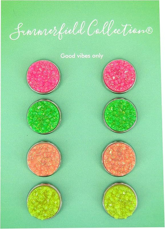 Summerfield Collection Stainless Steel Neon Pink Orange Yellow Green Faux Druzy Glitter Stone Stud Earrings Set (12mm)