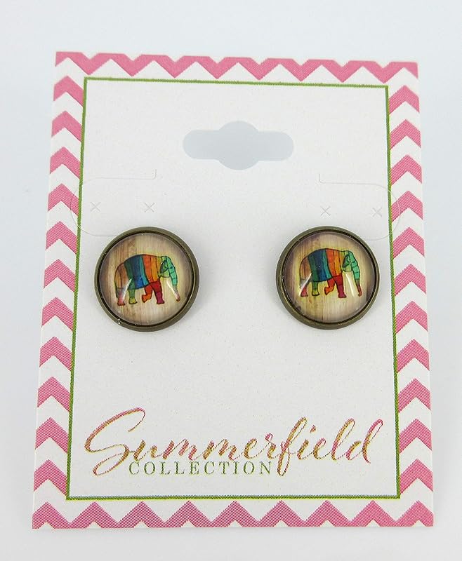 Summerfield Collection Antiqued Gold-tone Rainbow Elephant Print Glass Stud Earrings 12mm