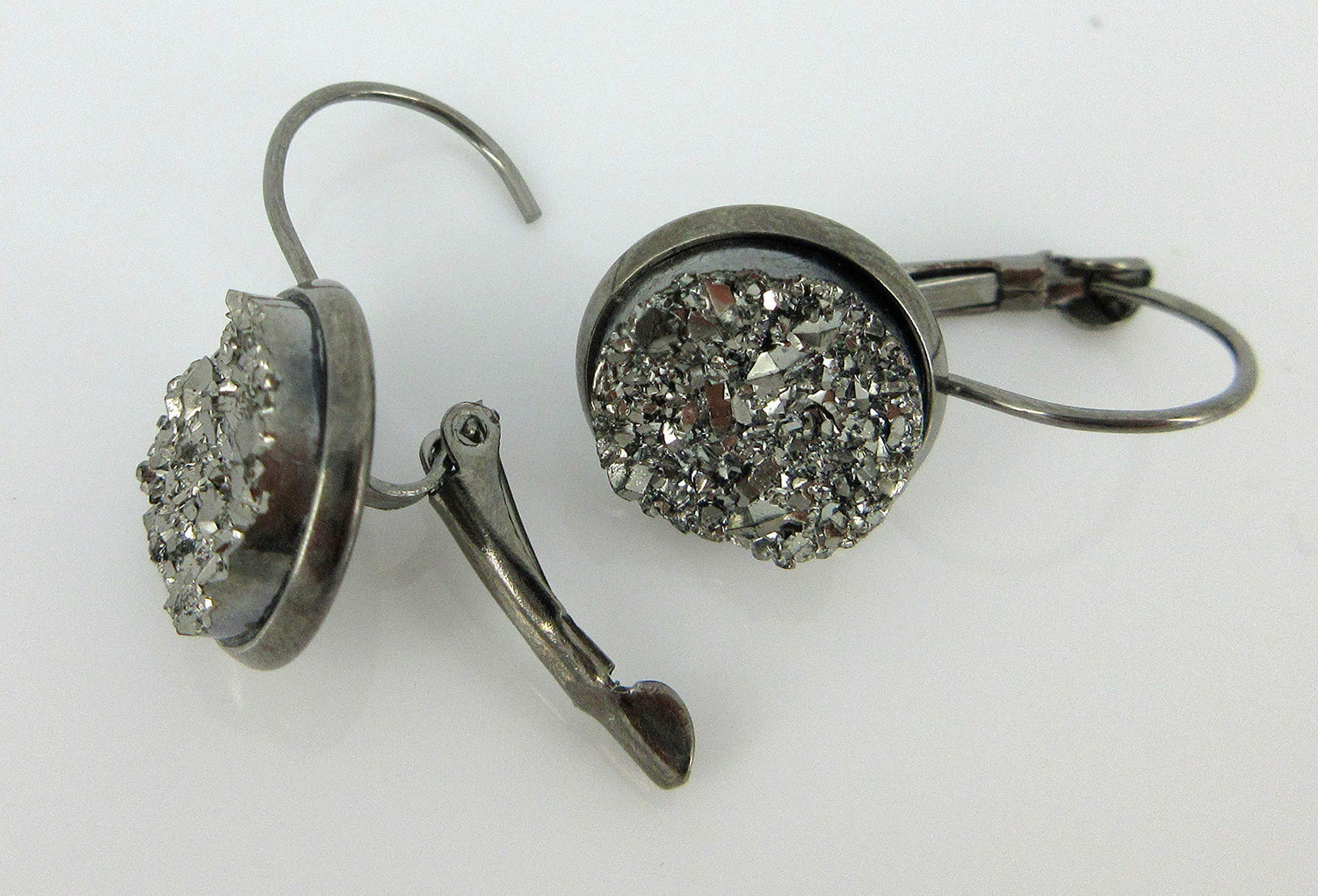 Hematite-tone Gunmetal Gray Faux Druzy Stone Lever-back Drop Earrings 12mm