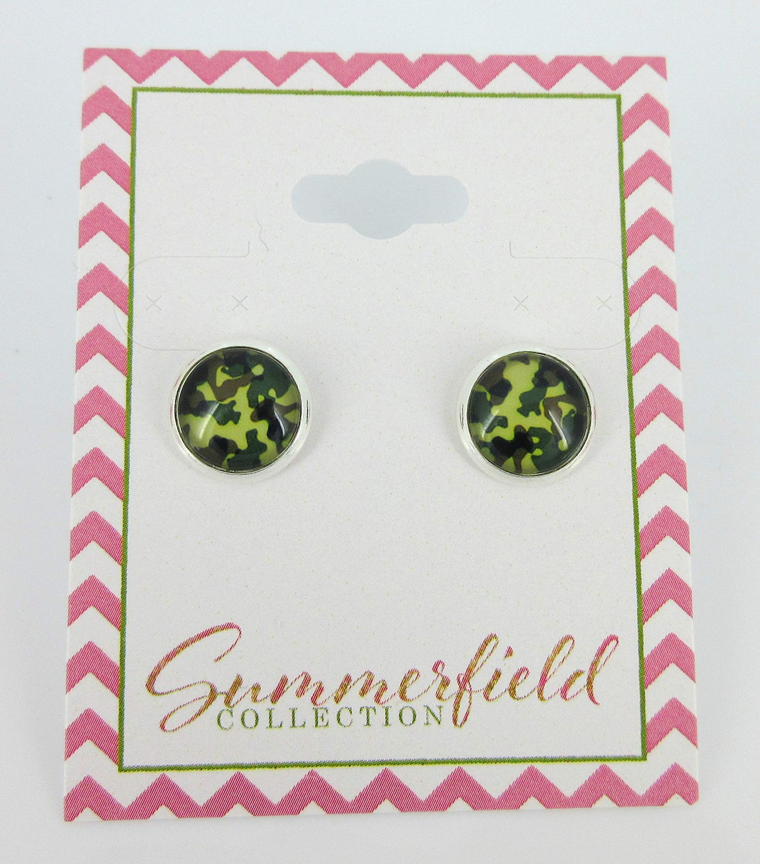 Silver-tone Green Camo Print Glass Stud Earrings 10mm