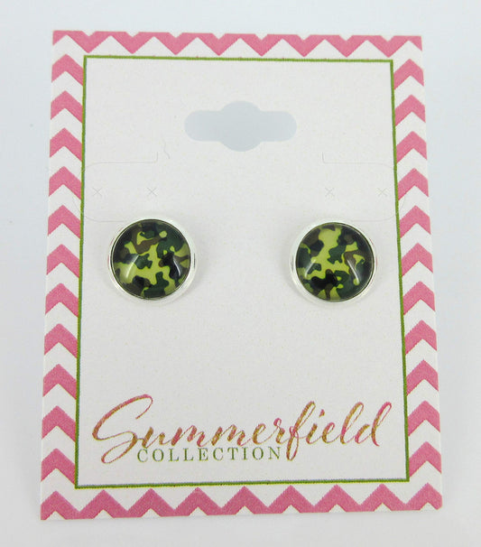 Silver-tone Green Camo Print Glass Stud Earrings 10mm