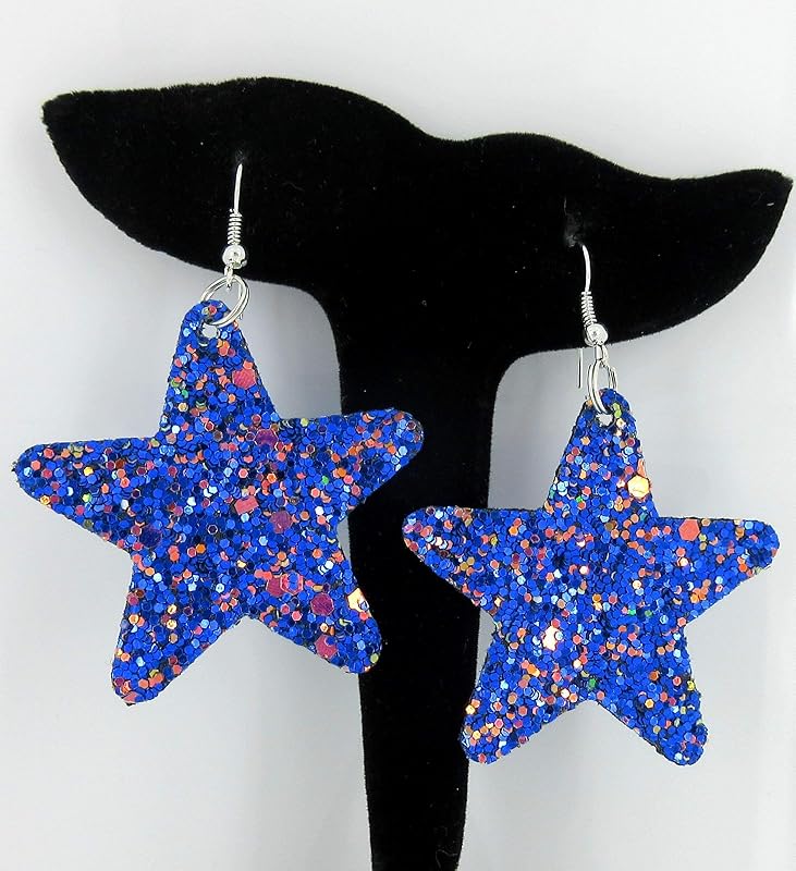 Summerfield Collection Glitter Faux Leather Large Star Dangle Earrings (Blue with Pink and Black)