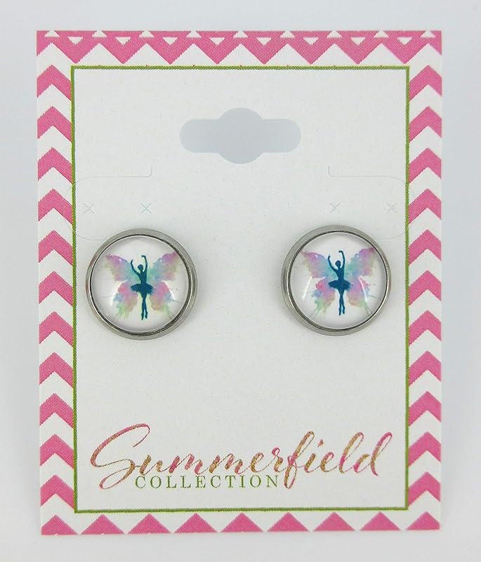 Summerfield Collection Stainless Steel Butterfly Ballet Dancer Printed Glass Stud Earrings 12mm