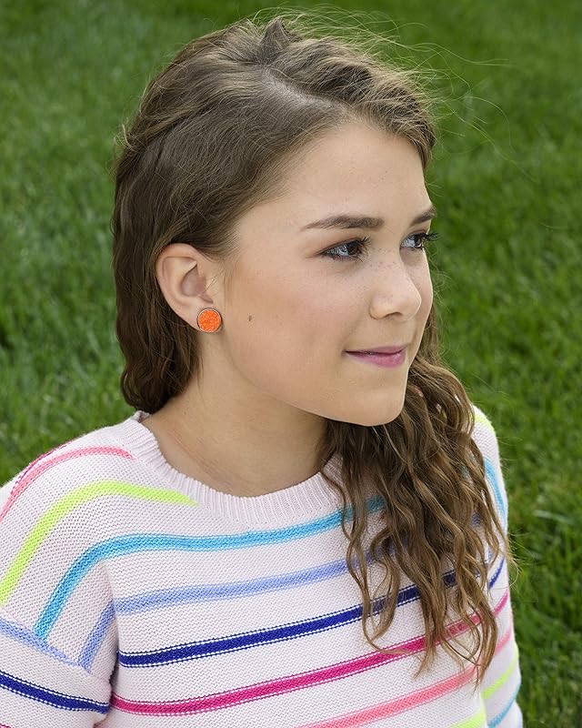 Summerfield Collection Duo Neon Stud Earrings Stainless Steel Faux Druzy Stone 12mm Set (Orange/Green)