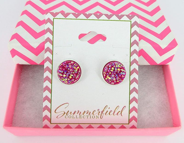 Summerfield Collection Silver-tone Solid AB Faux Druzy Stone Stud Earrings 12mm (Magenta)