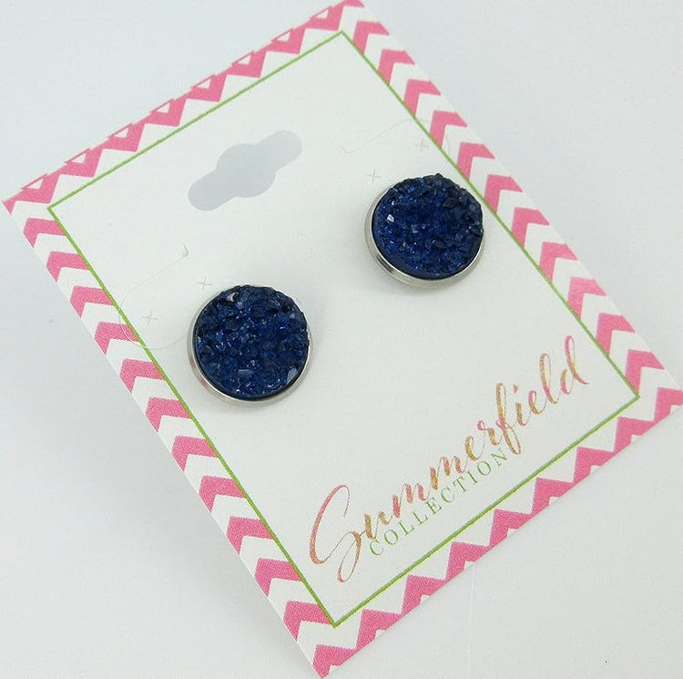 Summerfield Collection Stainless Steel Faux Druzy Stone Stud Earrings 12mm (Navy Blue)