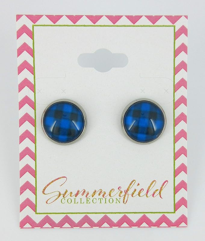 Summerfield Collection Stainless Steel Buffalo Plaid Print Glass Stud Earrings 12mm (Blue/Dk Gray)