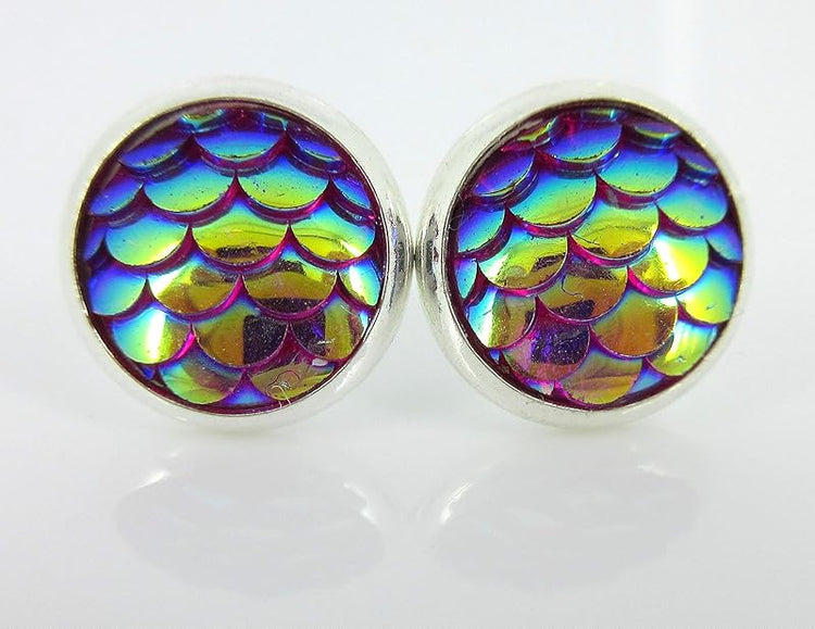 Summerfield Collection Silver-tone Pink Purple Metallic Mermaid Scale Stud Earrings 10mm