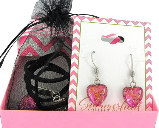 Summerfield Collection Hot Pink Hand-painted Glass Heart Choker Necklace Faux Black Suede Cord Dangle Earrings Set