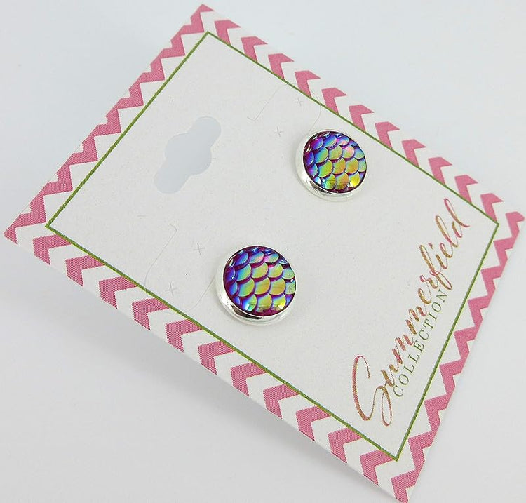 Summerfield Collection Silver-tone Pink Purple Metallic Mermaid Scale Stud Earrings 10mm