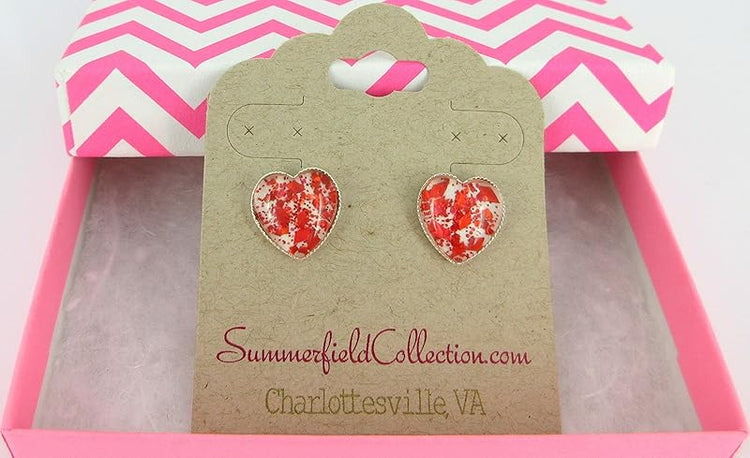 Summerfield Collection Silver-tone White and Fiery Red Glitter Glass Heart Stud Earrings Hand-painted