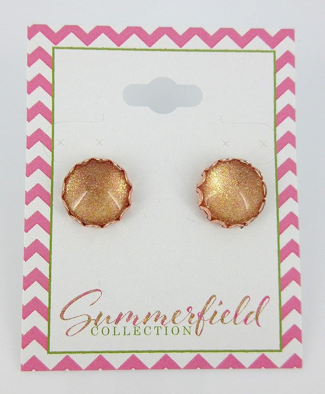 Summerfield Collection Rose Gold-tone Copper Shimmer Glitter Glass Stud Earrings 12mm Hand-painted