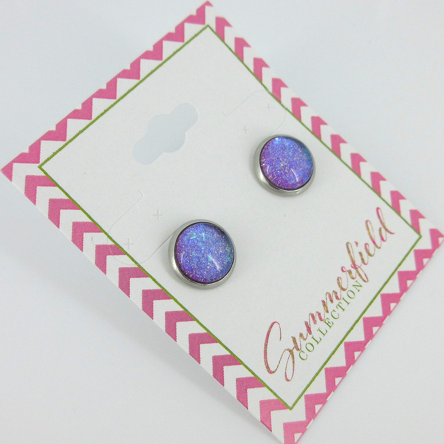 Stainless Steel Blue Purple Glitter Glass Stud Earrings Hand-painted 10mm