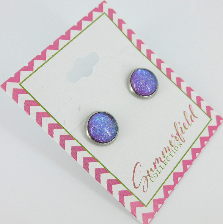 Stainless Steel Blue Purple Glitter Glass Stud Earrings Hand-painted 10mm