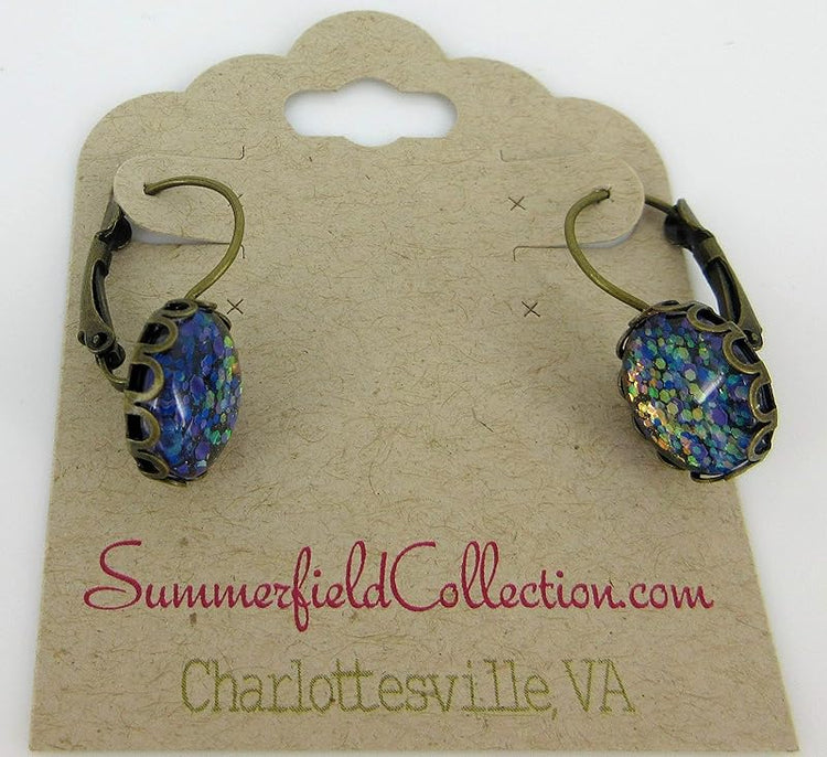 Summerfield Collection Antiqued Gold-tone Purple Blue Green Iridescent Glitter Glass Lever-back Earrings Hand-painted